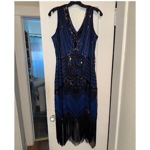 Unique Vintage - Blue and Black Beaded/Sequined 1920s Flapper Dress (Size XL/14)